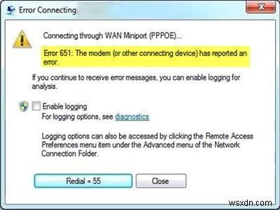 오류 651, 모뎀(또는 다른 연결 장치)이 Windows에서 오류를 보고했습니다. 