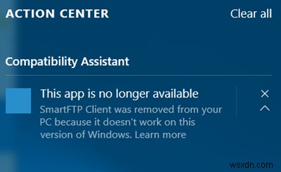 이 앱은 Windows 10에서 더 이상 사용할 수 없는 알림입니다. 