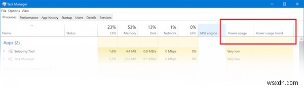 Windows 10의 작업 관리자에서 전력 사용량 추적 및 앱 추세 모니터링 