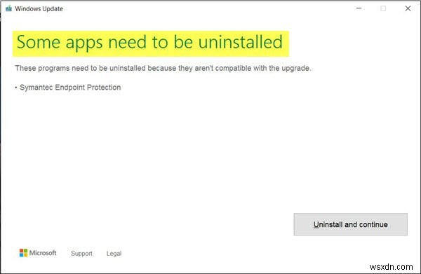 일부 앱을 제거해야 합니다. Windows 10 업데이트 오류 