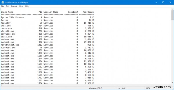 TaskList를 사용하여 모든 Windows 프로세스를 텍스트 파일에 저장하는 방법 