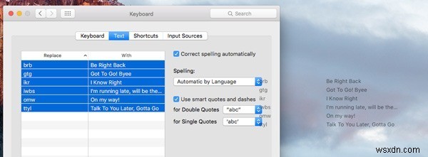 Mac에서 텍스트 단축키 사용하기 