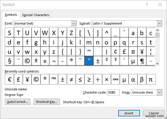 Microsoft Word에서 도 기호를 삽입하는 방법