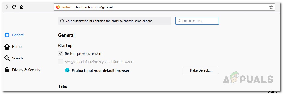 Firefox에서  귀하의 조직이 일부 옵션을 변경하는 기능을 비활성화했습니다 를 수정하는 방법? 