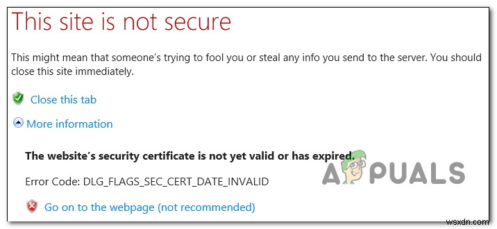 수정:Internet Explorer 또는 Edge의 DLG_FLAGS_SEC_CERT_DATE_INVALID 