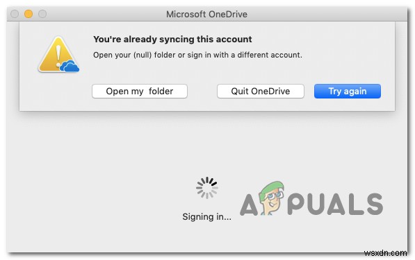 Mac용 OneDrive에서 이미 이 계정을 동기화 중입니다. 