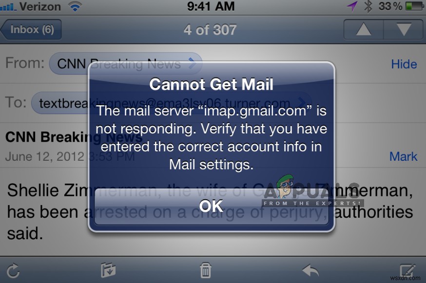 수정:imap.gmail.com이 iPhone/iPad에서 응답하지 않음 