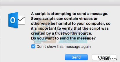 수정:Outlook 2016 Mac  스크립트가 메시지 보내기를 시도하고 있습니다  