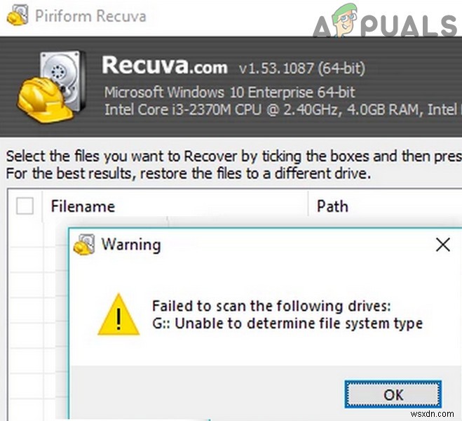 Recuva에서 파일 시스템 유형을 결정할 수 없음(오류) 해결 