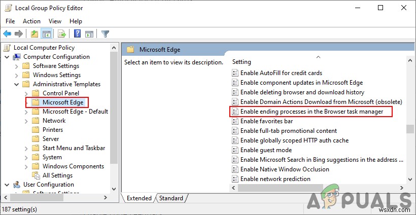 Microsoft Edge의 브라우저 작업 관리자에서  프로세스 종료 를 비활성화하는 방법은 무엇입니까? 