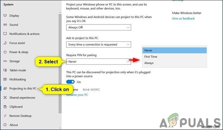 Windows 10에서 이 PC에 투사할 때 페어링에 PIN 필요를 활성화 또는 비활성화하는 방법은 무엇입니까? 