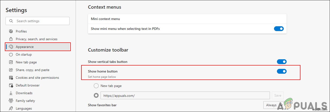 Microsoft Edge Chromium의 도구 모음에서 홈 버튼을 추가하거나 제거하는 방법은 무엇입니까? 