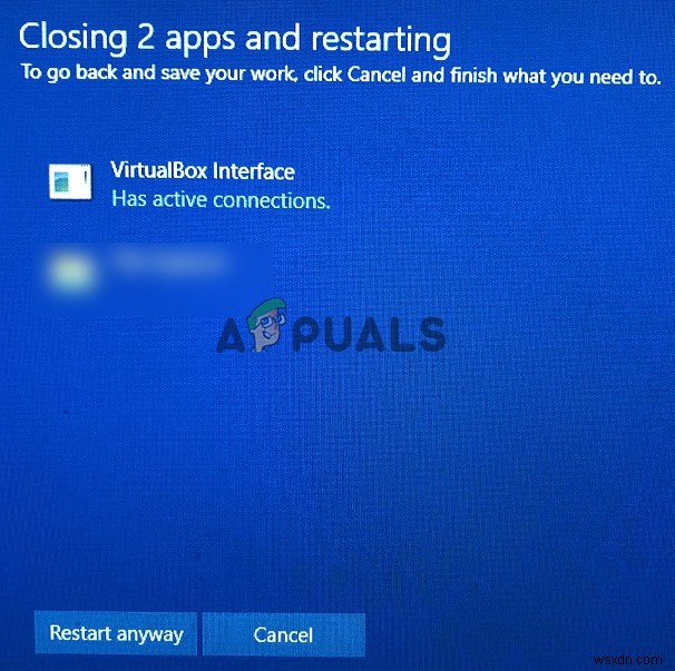 수정:VirtualBox 인터페이스가 PC 종료를 허용하지 않음 