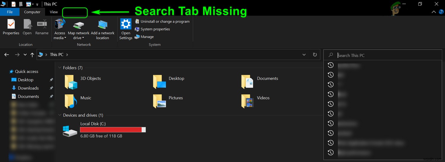 수정:누락된 검색 탭  파일 탐색기(Windows 10 – 1909)  