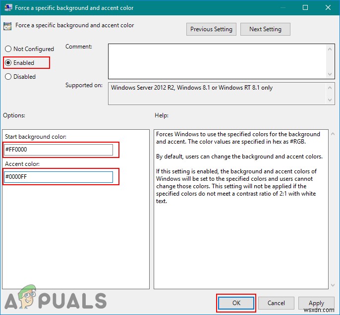 Windows Server 2012 R2에서 배경 및 강조 색상을 선택하고 지정하는 방법은 무엇입니까? 