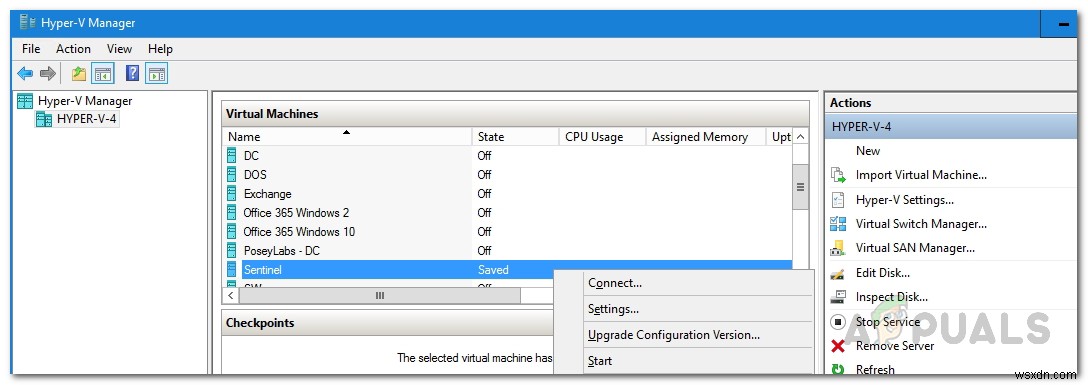 수정:Hyper-V 가상 머신이 저장된 상태에서 멈춤 