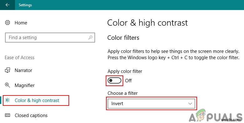 색상 필터 및 돋보기 앱을 사용하여 Windows 10에서 색상 반전