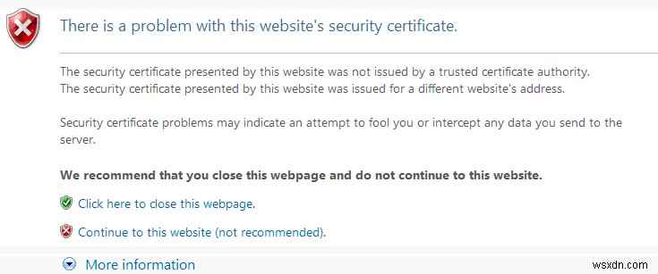 Fix:이 웹사이트의 보안 인증서에 문제가 있습니다