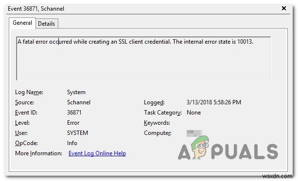 이벤트 뷰어에서 SSL 클라이언트 자격 증명을 만드는 동안 치명적인 오류가 발생했습니다. 