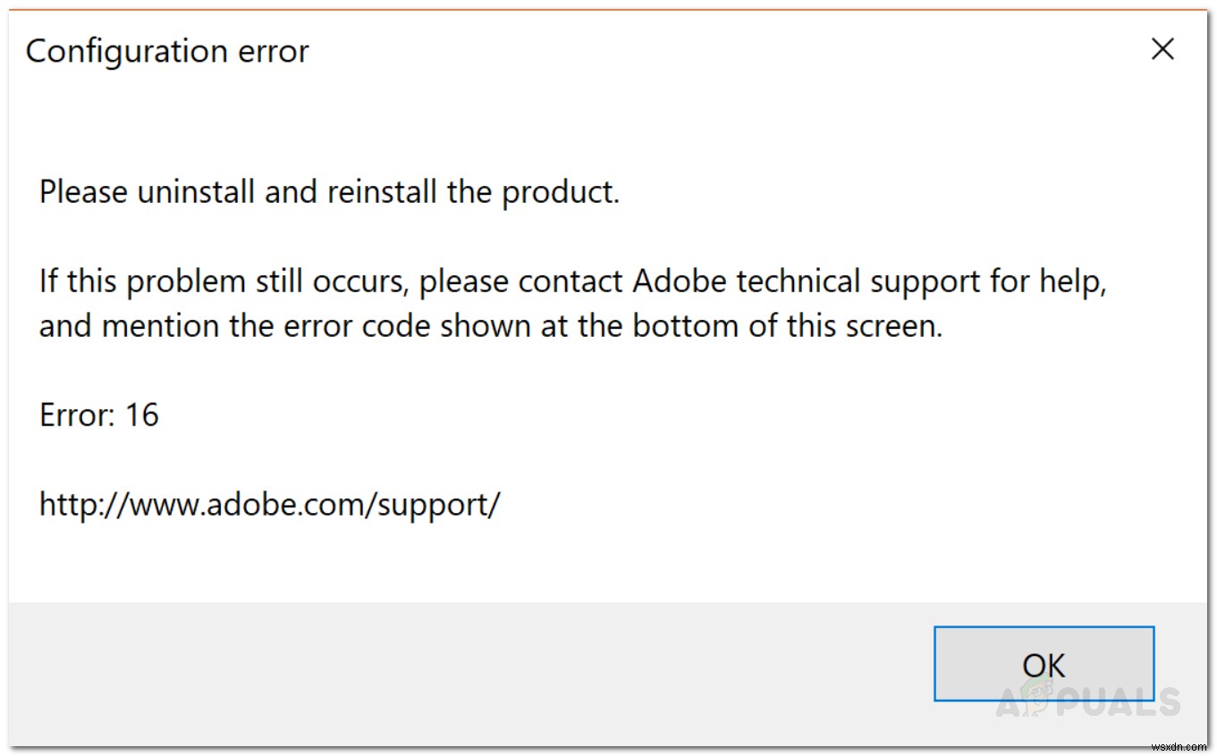 수정:Adobe 구성 오류 16  제거 및 다시 설치  