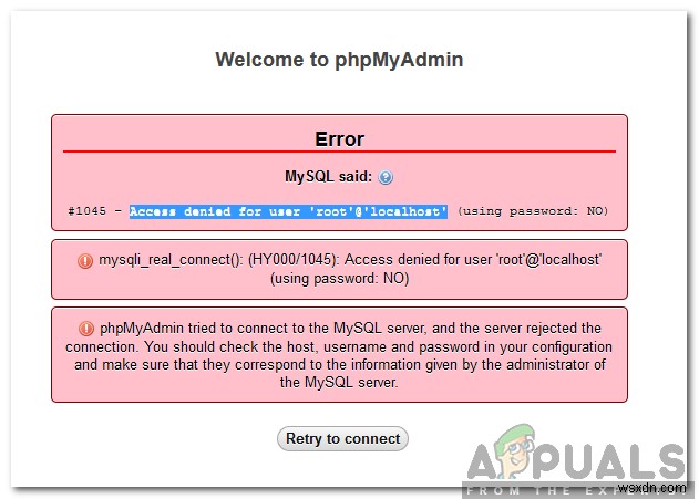 MySQL에서  root @ localhost  사용자에 대한 액세스 거부 오류를 수정하는 방법 