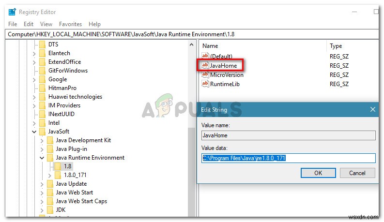 수정:레지스트리가 존재하지 않는 Java Runtime Environment를 참조합니다. 