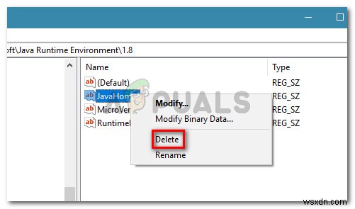 수정:레지스트리가 존재하지 않는 Java Runtime Environment를 참조합니다. 