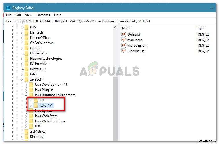 수정:레지스트리가 존재하지 않는 Java Runtime Environment를 참조합니다. 