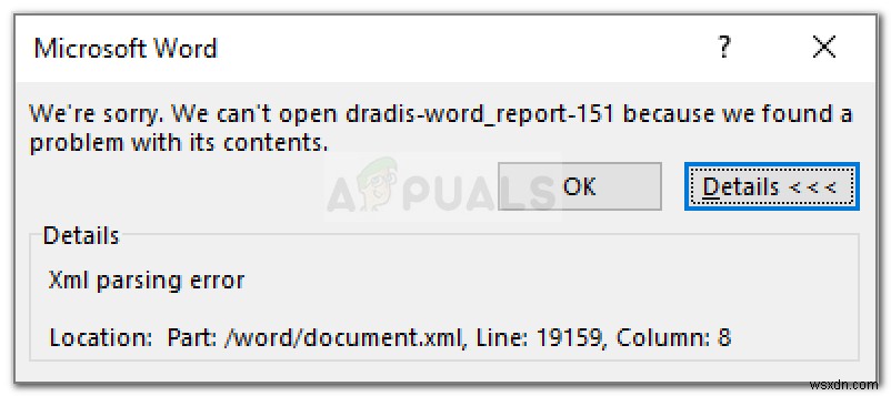 수정:Microsoft Word XML 구문 분석 오류 