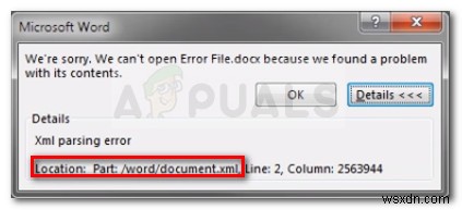 수정:Microsoft Word XML 구문 분석 오류 