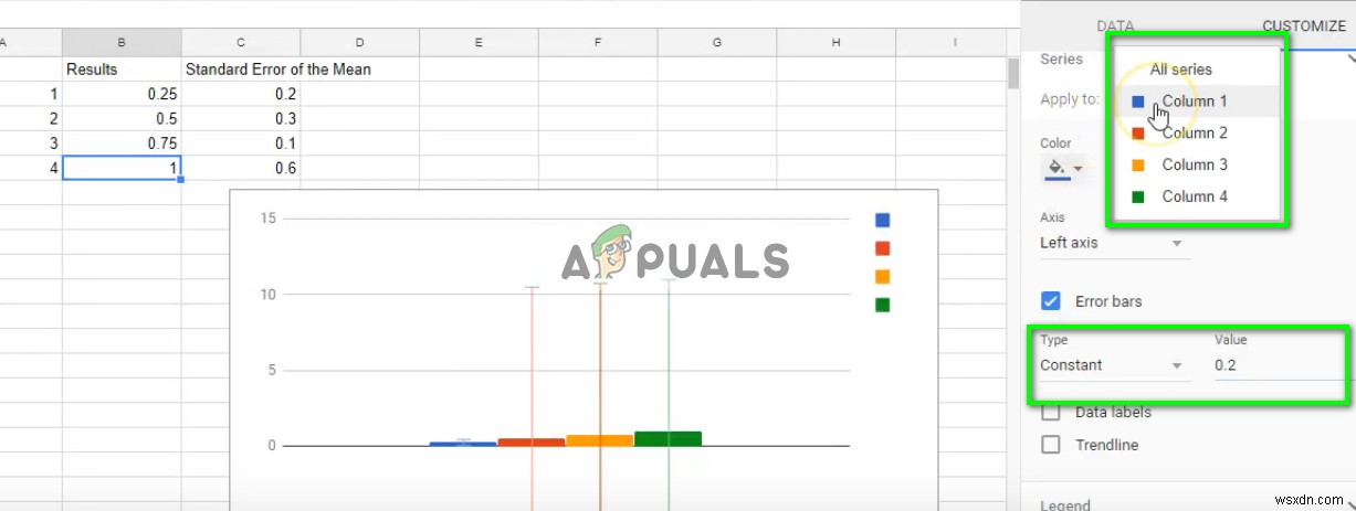 Google 스프레드시트에 오류 막대를 추가하는 방법은 무엇입니까?