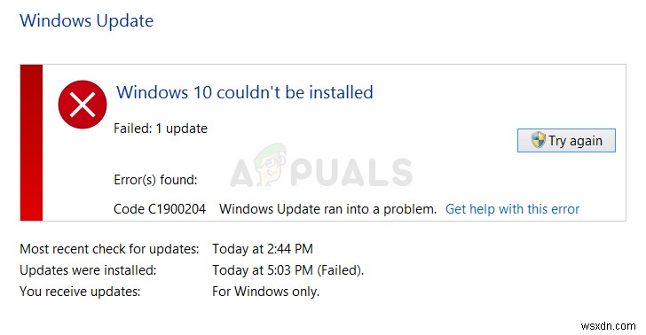 수정:Windows 업데이트 오류 0xc1900204 