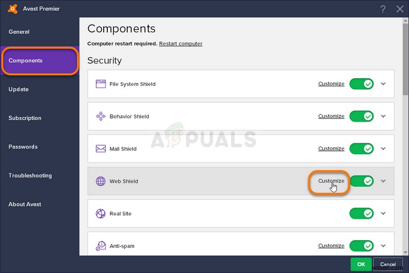 수정:Avast Web Shield가 켜지지 않음 