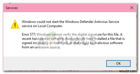 수정:Windows Defender 오류 577 