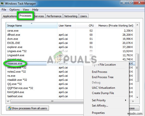 수정:msseces.exe 높은 CPU 사용량