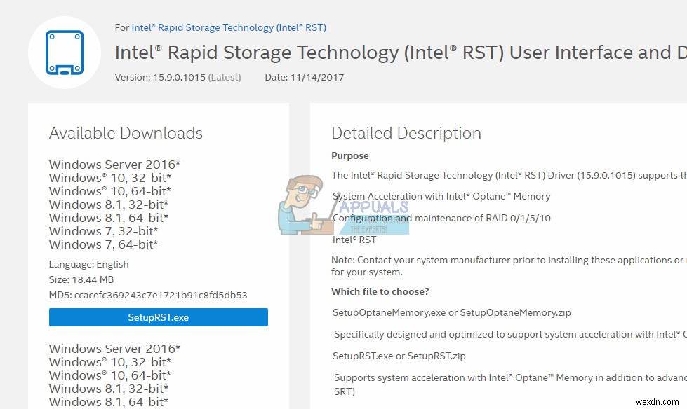 수정:Intel RST 서비스가 실행되지 않음 