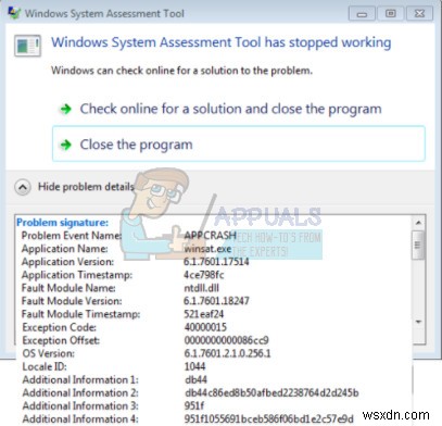 수정:Windows 시스템 평가  winsat.exe  도구가 작동을 멈췄습니다. 오류 