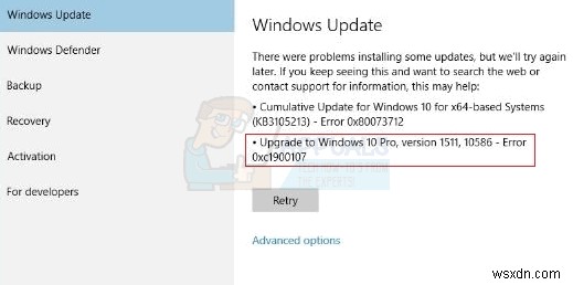 수정:Windows 10 1주년 업데이트 오류 코드 0xc1900107 