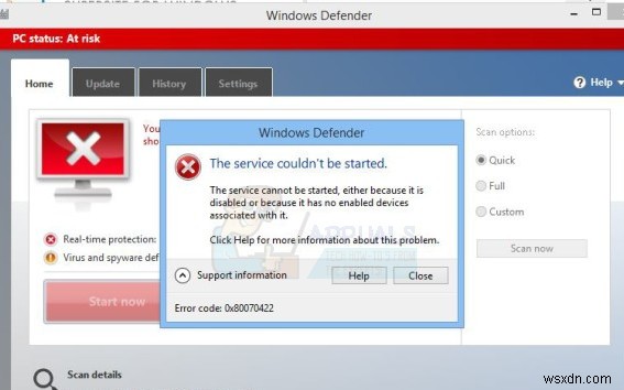FIX:Windows Defender 오류 서비스를 시작할 수 없음 오류 코드:0x80070422 