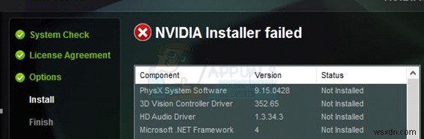 수정:NVIDIA 설치 프로그램 실패 오류와 함께 NVIDIA 드라이버 실패 