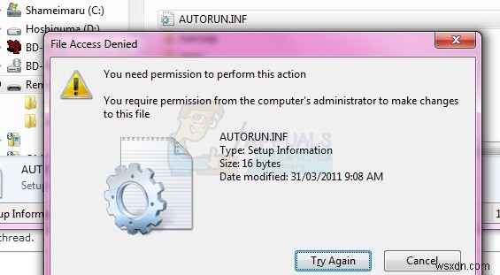 수정:Autorun.inf의 액세스 거부 또는 권한 문제 
