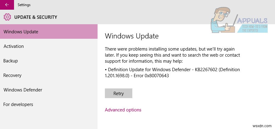 FIX:Windows Defender에 대한 정의 업데이트가 오류 0x80070643으로 실패함 