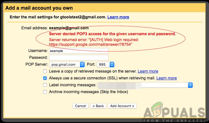  주어진 사용자 이름 및 암호에 대한 서버 거부 POP3 액세스  오류를 수정하는 방법은 무엇입니까? 