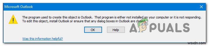 수정:Outlook 오류  이 개체를 만드는 데 사용된 프로그램은 Outlook입니다  