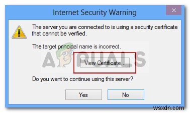 수정:연결된 서버가 확인할 수 없는 보안 인증서를 사용하고 있습니다. 
