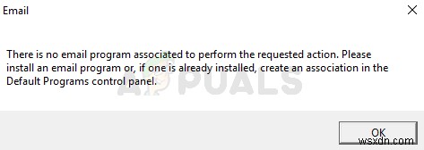 수정:요청된 작업 오류를 수행하는 데 연결된 이메일 프로그램이 없습니다. 