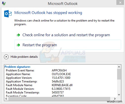 수정:Microsoft Outlook에서  KERNELBASE.DLL  충돌