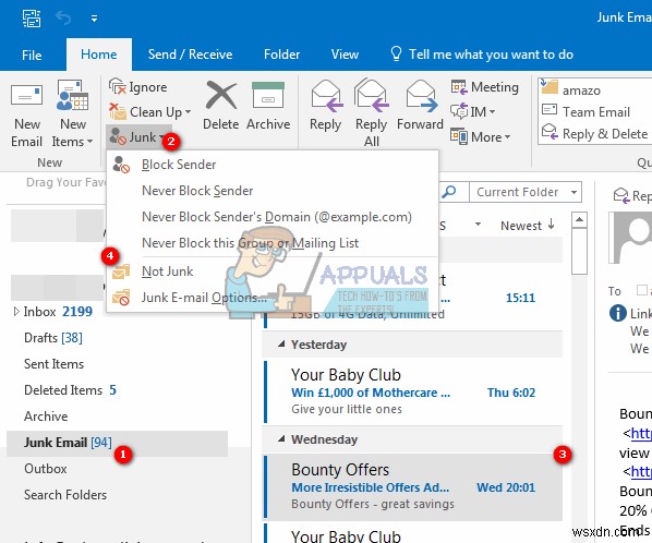 Outlook 2016에서 이메일을 정크 또는 스팸 폴더로 옮기지 못하도록 하는 방법