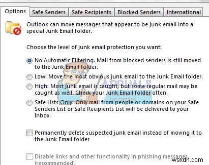 Outlook 2016에서 이메일을 정크 또는 스팸 폴더로 옮기지 못하도록 하는 방법