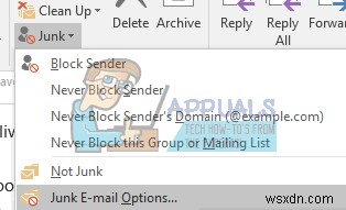 Outlook 2016에서 이메일을 정크 또는 스팸 폴더로 옮기지 못하도록 하는 방법